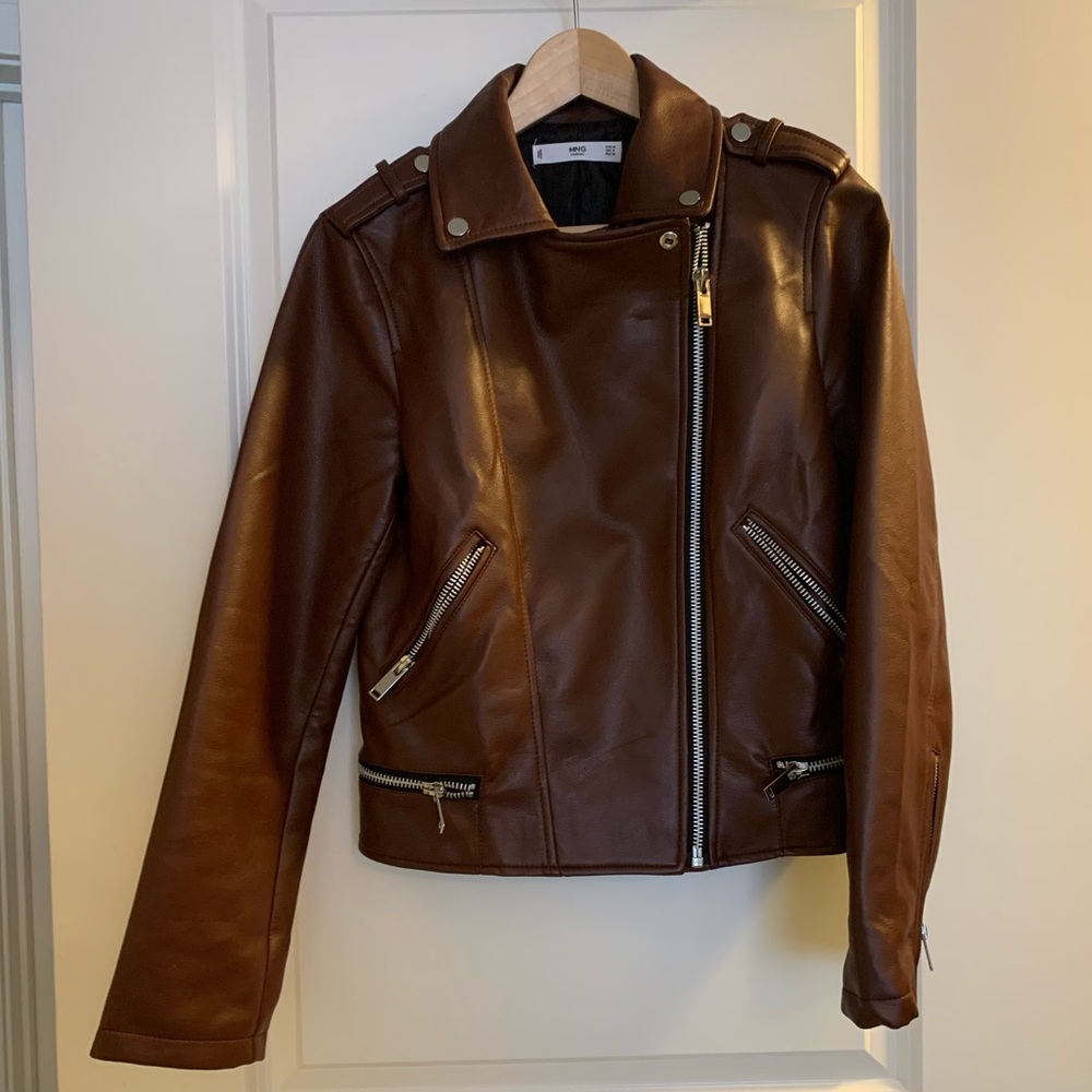 Mango Faux leather brown moto jacket.